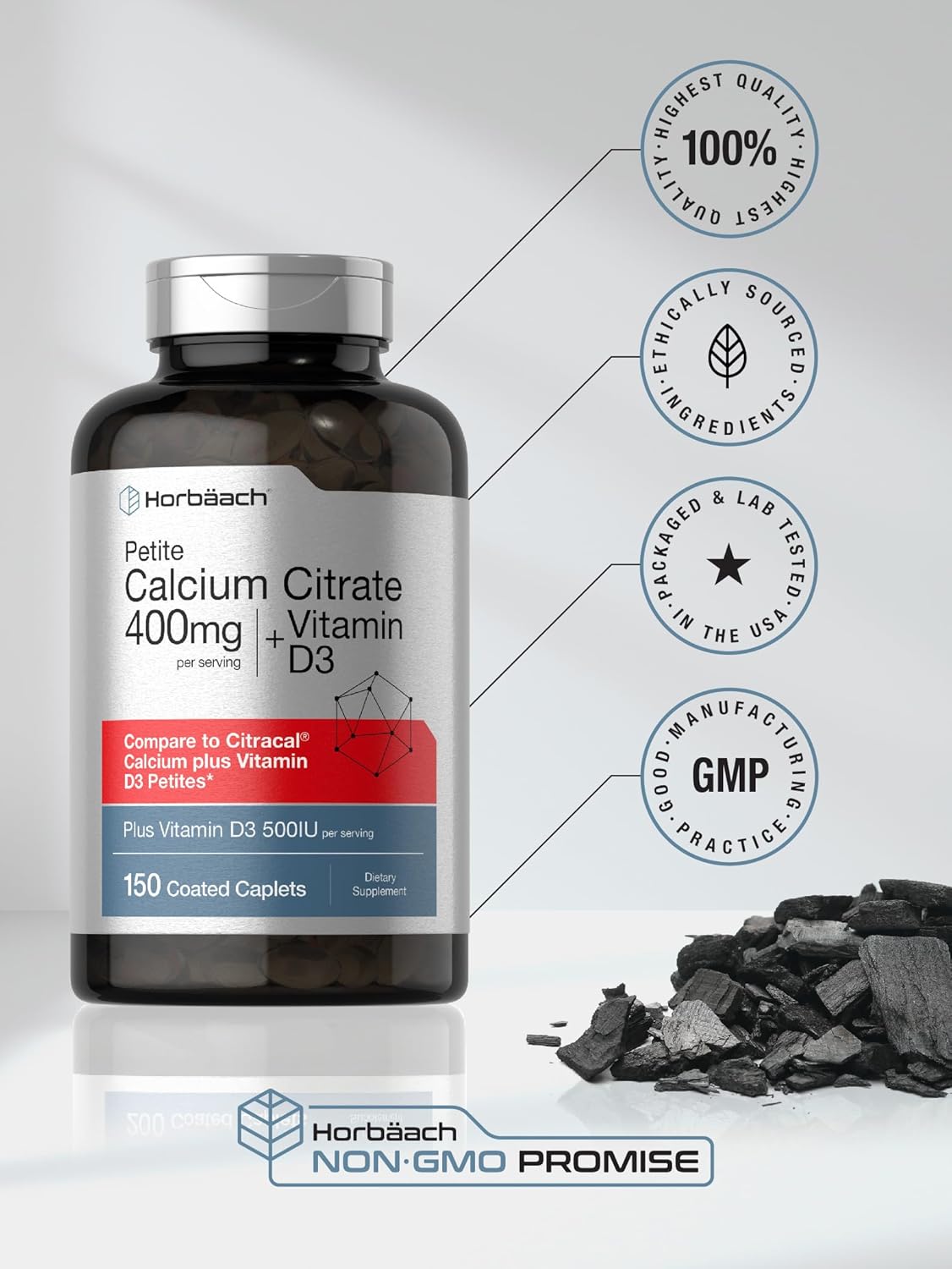 Vegetarian Calcium Citrate with Vitamin D3 Supplement - 150 Petites, Non-GMO & Gluten Free
