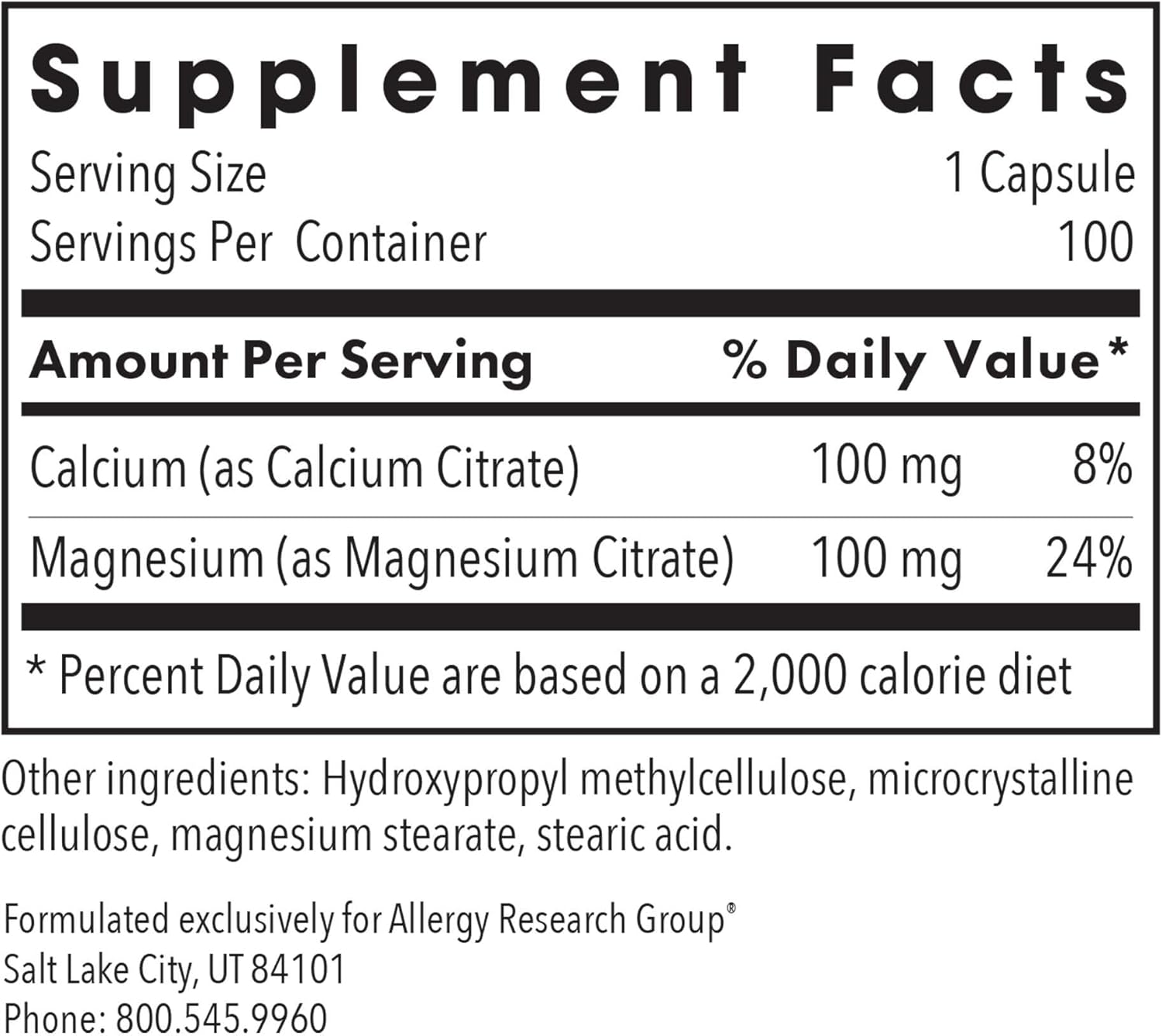 Vegetarian Calcium Magnesium Citrate Supplement for Bone Health - Pure, Well-Absorbed Capsules - 100 Count by Allergy Research Group