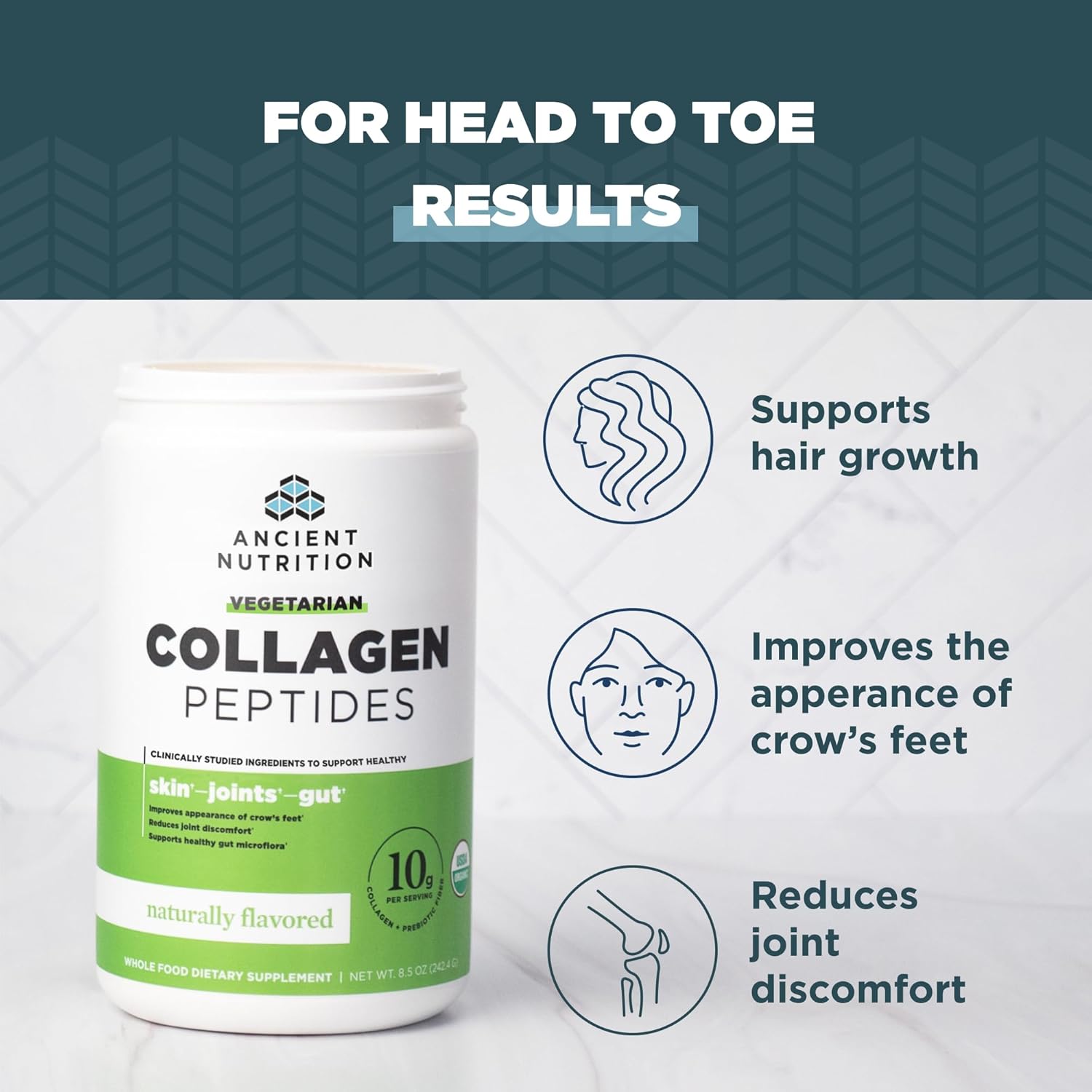 Vegetarian Collagen Peptides Powder with Prebiotics & Probiotics for Skin, Hair, Joints, Digestion - 28 Servings