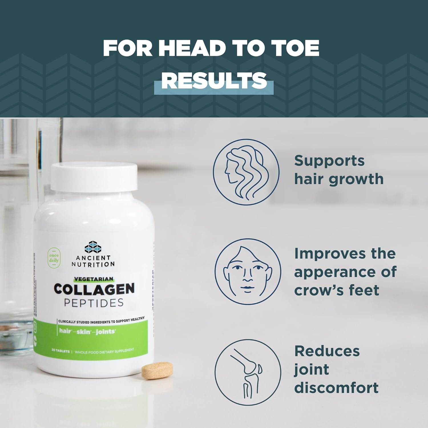 Vegetarian Collagen Peptides Tablets with Prebiotics & Probiotics - 30 Count for Healthy Skin, Hair, Joints, Digestion
