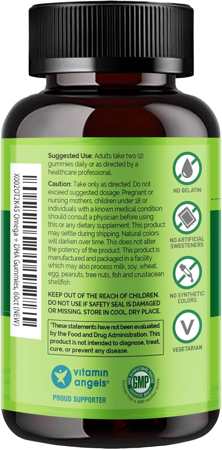 Vegetarian DHA and Omega 3 Gummies with Algae and Chia Seed Oil for Heart, Brain, Joint Health - No Fish, Gelatin, Artificial Sweeteners
