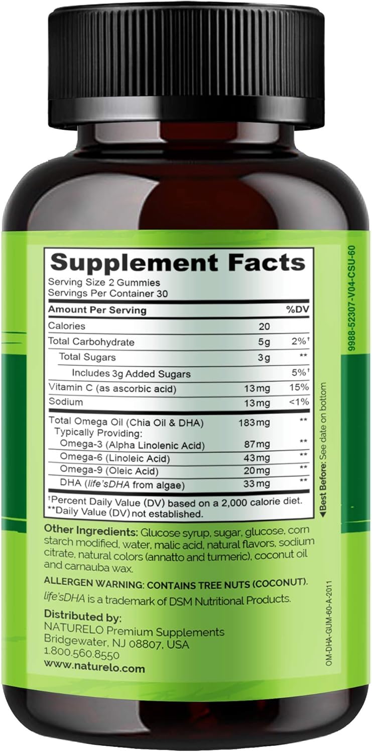 Vegetarian DHA and Omega 3 Gummies with Algae and Chia Seed Oil for Heart, Brain, Joint Health - No Fish, Gelatin, Artificial Sweeteners