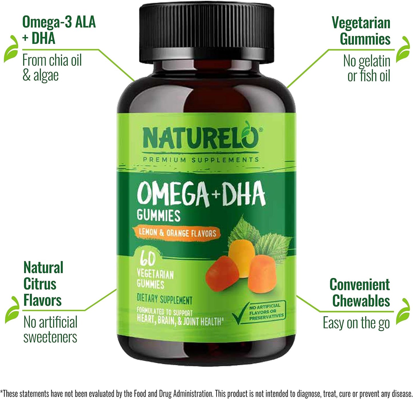 Vegetarian DHA and Omega 3 Gummies with Algae and Chia Seed Oil for Heart, Brain, Joint Health - No Fish, Gelatin, Artificial Sweeteners