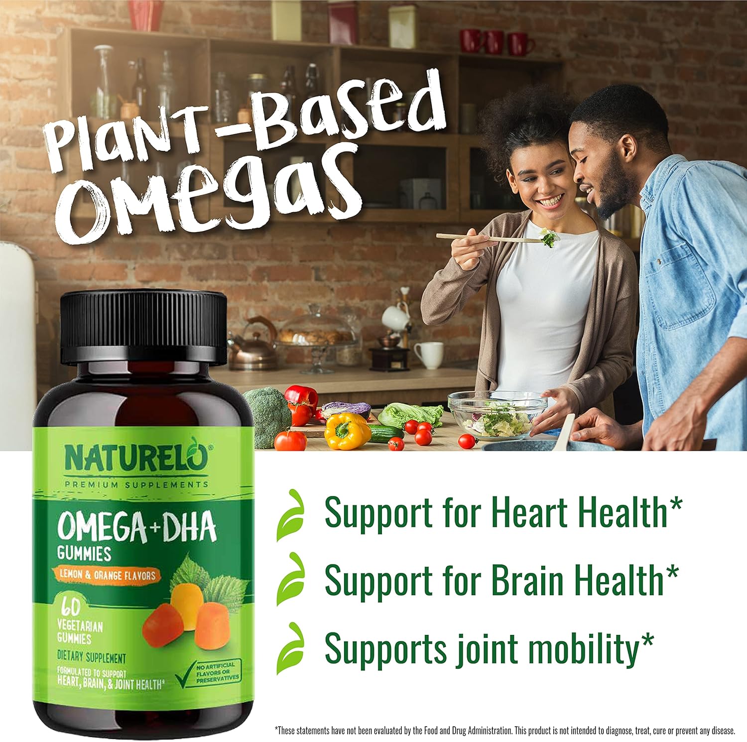 Vegetarian DHA and Omega 3 Gummies with Algae and Chia Seed Oil for Heart, Brain, Joint Health - No Fish, Gelatin, Artificial Sweeteners