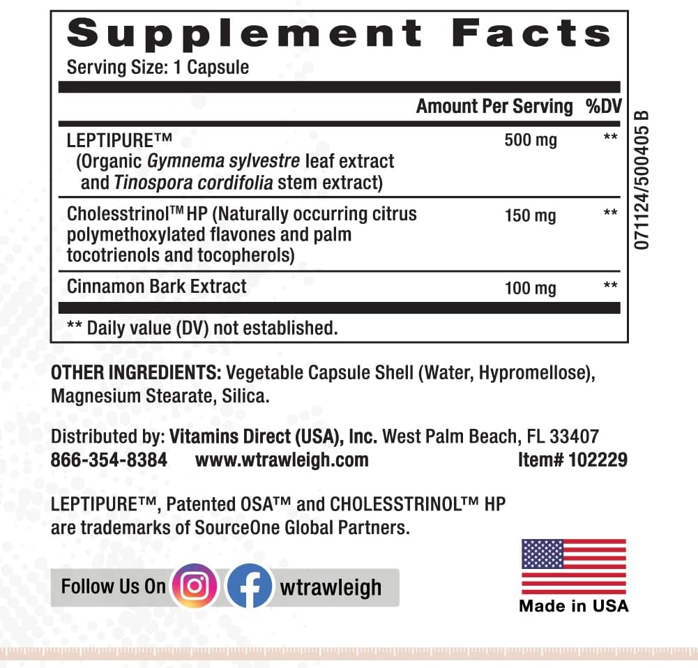 Vegetarian Dietary Supplement with Leptipure, Cholesstrinol & Cinnamon - Rawleigh Thermo-Lift Metaboliks: 30 Capsules