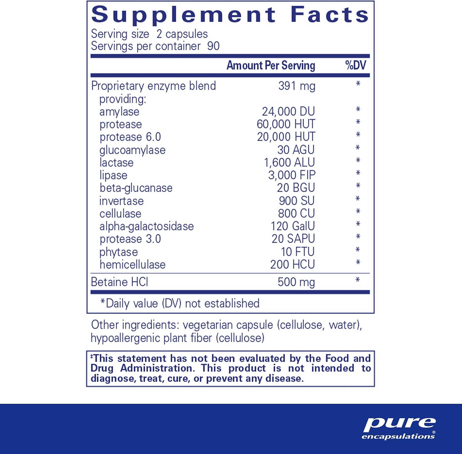 Vegetarian Digestive Enzyme Supplement with Betaine HCl for Protein, Carb, Fiber, and Dairy Digestion - 180 Capsules by Pure Encapsulations