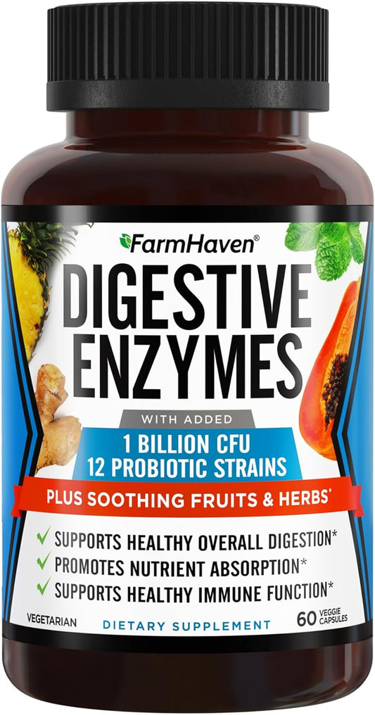Vegetarian Digestive Enzymes with Probiotics and Herbs - Supports Lactose Absorption and Digestion - 60 Capsules