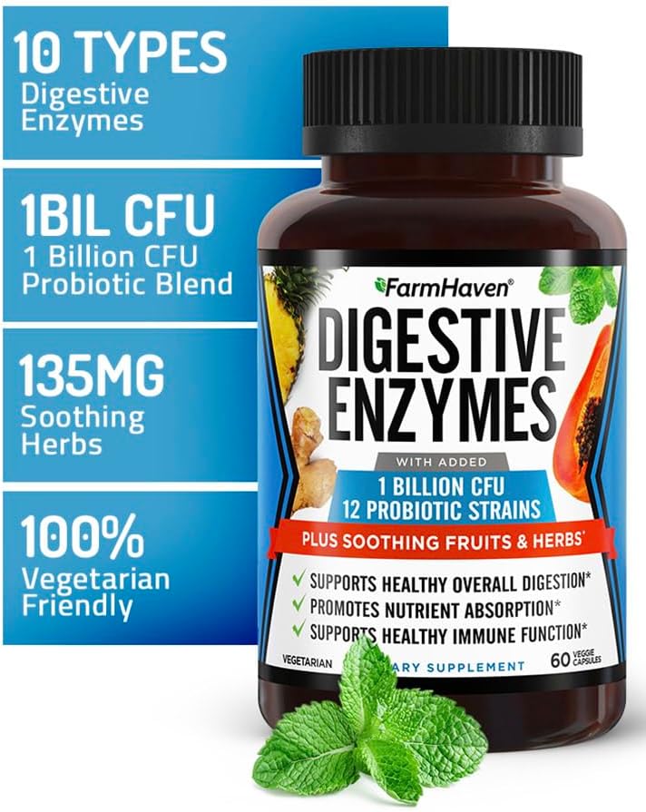 Vegetarian Digestive Enzymes with Probiotics and Herbs - Supports Lactose Absorption and Digestion - 60 Capsules