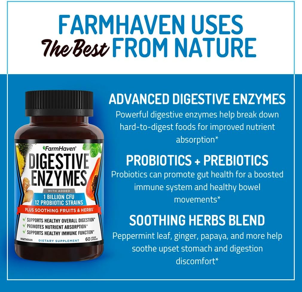 Vegetarian Digestive Enzymes with Probiotics and Herbs - Supports Lactose Absorption and Digestion - 60 Capsules