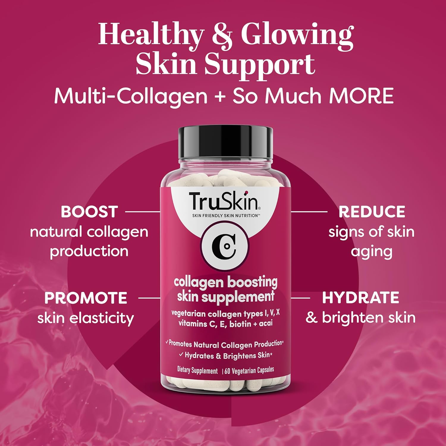 Vegetarian-Friendly Multi Collagen Supplements with Biotin & Vitamin C - Hydrate & Brighten Skin, 60 Capsules