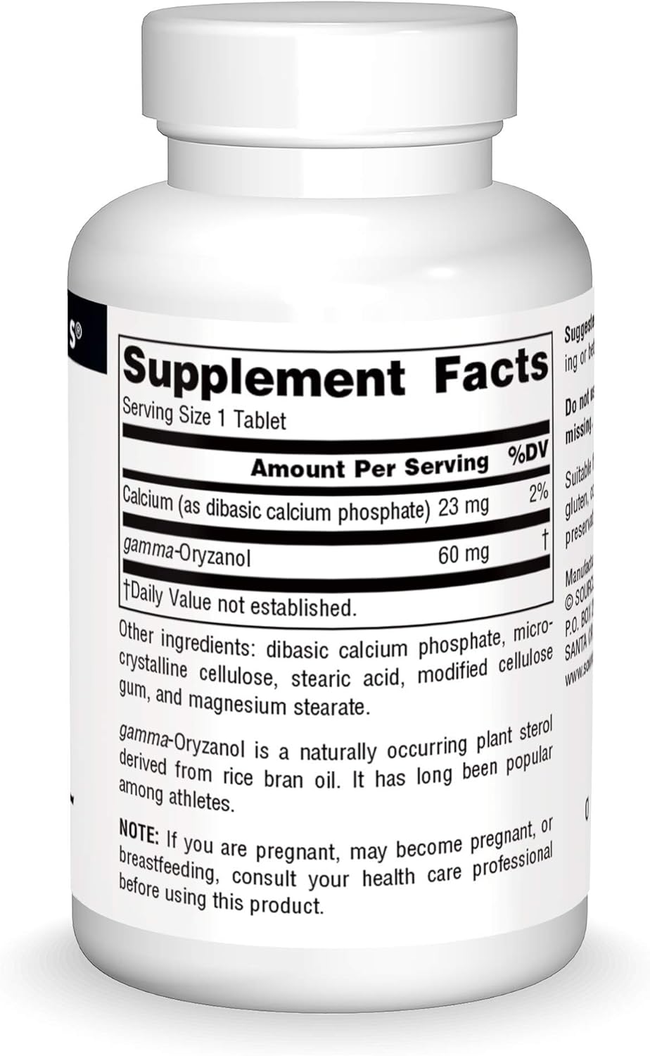 Vegetarian-Friendly Source Naturals Gamma Oryzanol 60mg Dietary Supplement for Athletes - 200 Tablets