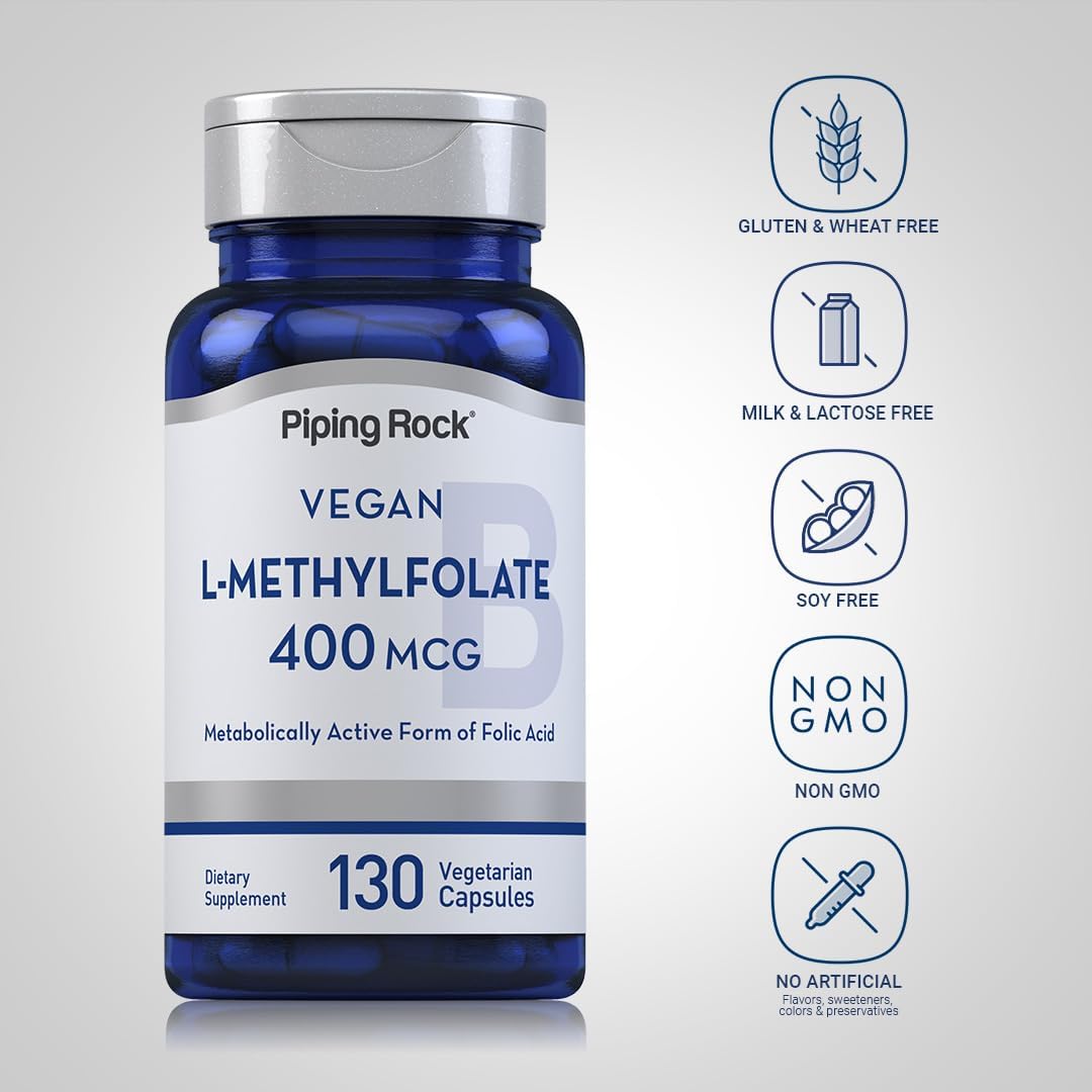 Vegetarian L MethylFolate Supplement | 400 mcg | 130 Capsules | Non-GMO, Gluten Free | Piping Rock