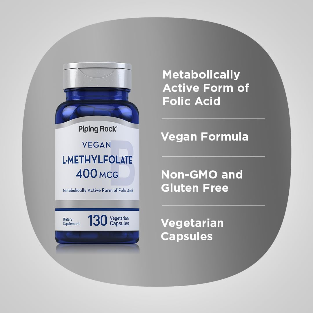 Vegetarian L MethylFolate Supplement | 400 mcg | 130 Capsules | Non-GMO, Gluten Free | Piping Rock