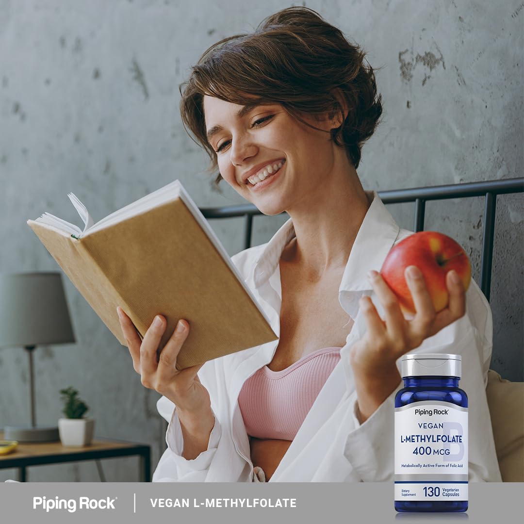 Vegetarian L MethylFolate Supplement | 400 mcg | 130 Capsules | Non-GMO, Gluten Free | Piping Rock