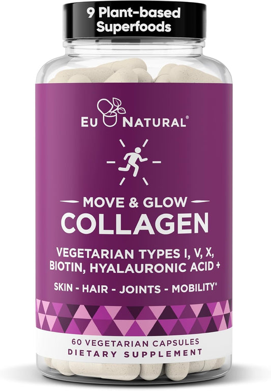 Vegetarian Multi-Collagen Pills with Superfoods for Skin & Joint Health - Biotin, Vitamin C, E - 60 Capsules