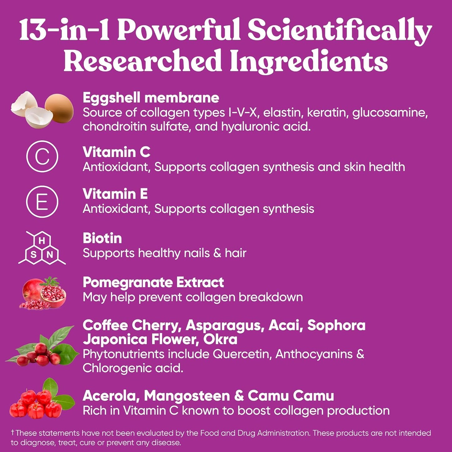 Vegetarian Multi-Collagen Pills with Superfoods for Skin & Joint Health - Biotin, Vitamin C, E - 60 Capsules
