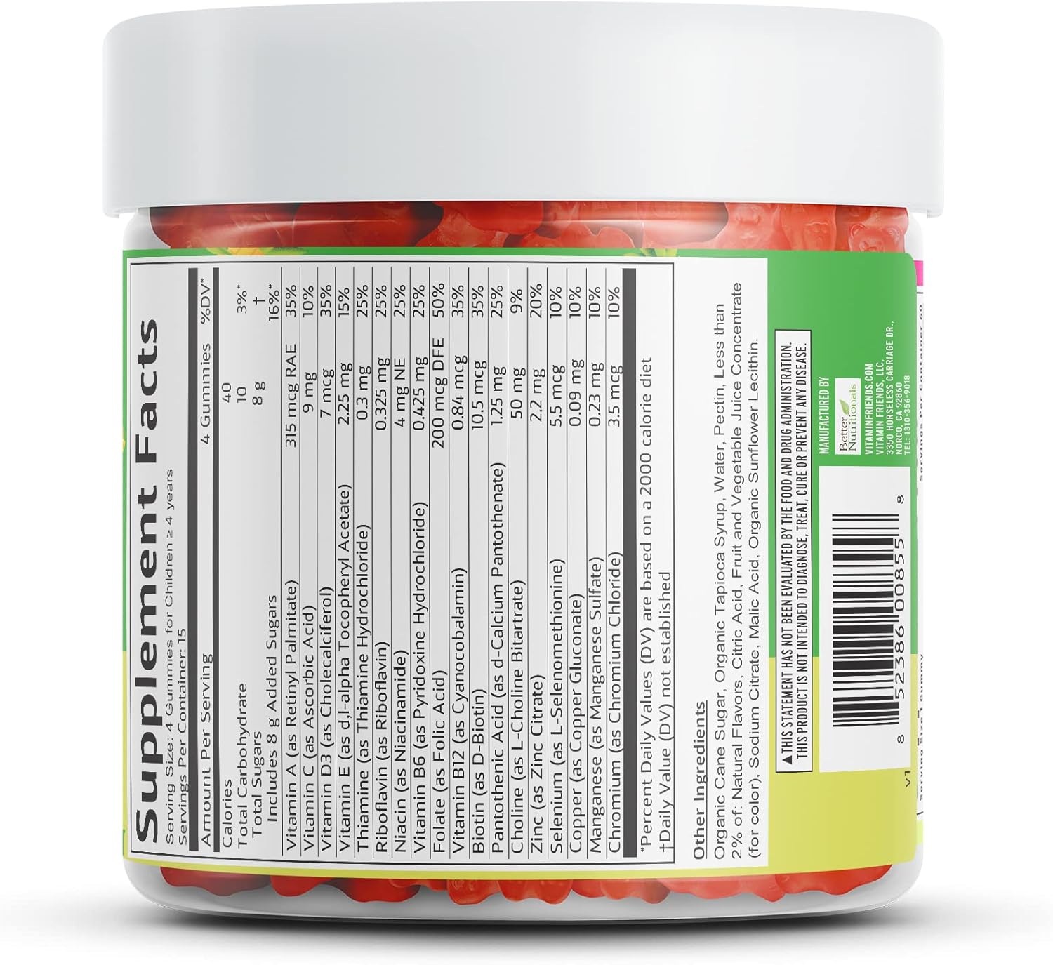 Vegetarian Multivitamin Gummies for Kids with Choline - Daily Nutritional Support for Children - Includes Vitamin C, D, E, A, B6, Zinc, Folic Acid, Selenium, Niacin, Thiamin, Biotin - 30 Day Supply