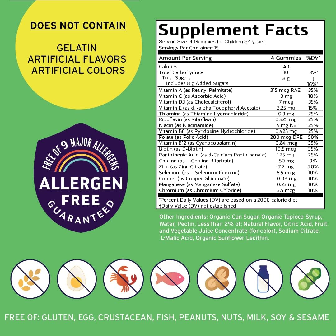 Vegetarian Multivitamin Gummies for Kids with Choline - Daily Nutritional Support for Children - Includes Vitamin C, D, E, A, B6, Zinc, Folic Acid, Selenium, Niacin, Thiamin, Biotin - 30 Day Supply