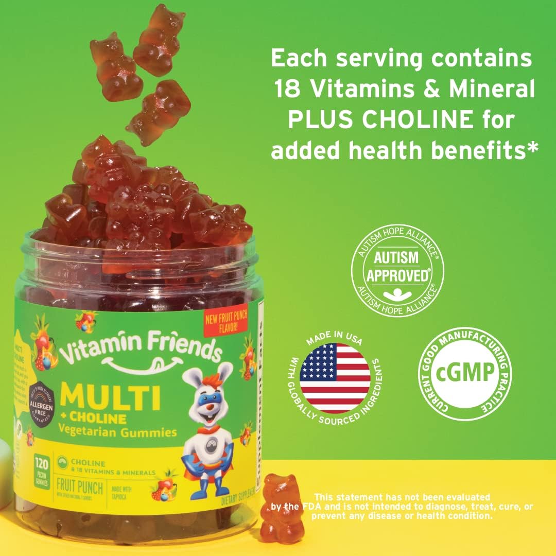 Vegetarian Multivitamin Gummies for Kids with Choline - Daily Nutritional Support for Children - Includes Vitamin C, D, E, A, B6, Zinc, Folic Acid, Selenium, Niacin, Thiamin, Biotin - 30 Day Supply
