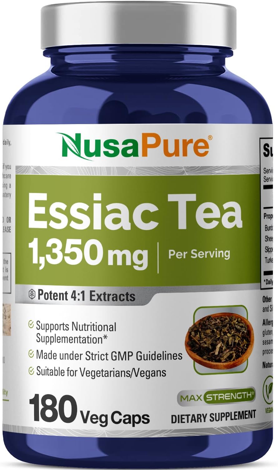 Vegetarian Non-GMO Essiac Tea Capsules - 1350mg (180 Count) by NusaPure