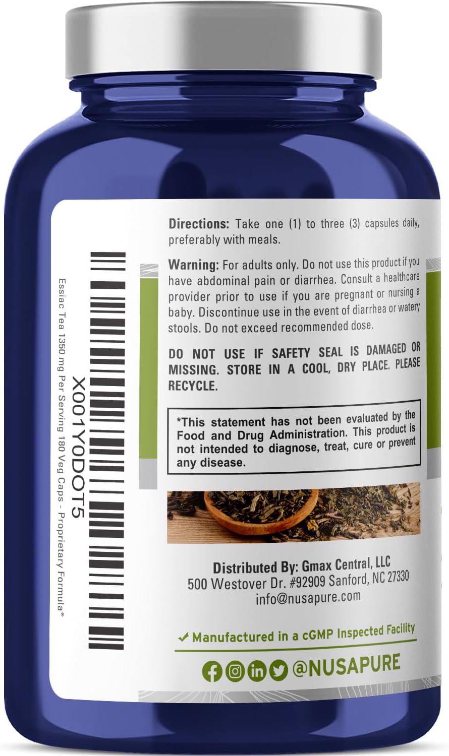 Vegetarian Non-GMO Essiac Tea Capsules - 1350mg (180 Count) by NusaPure