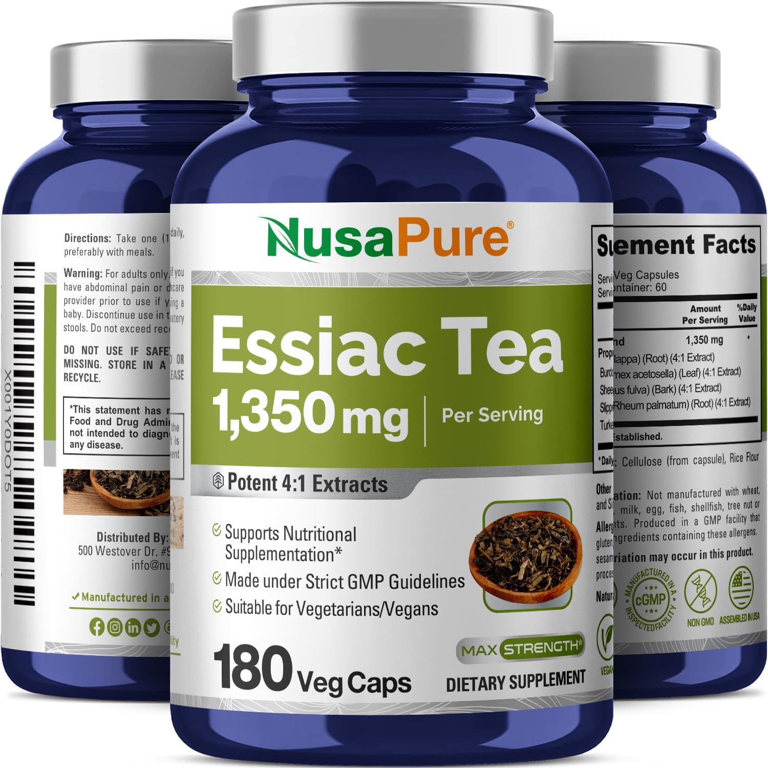 Vegetarian Non-GMO Essiac Tea Capsules - 1350mg (180 Count) by NusaPure
