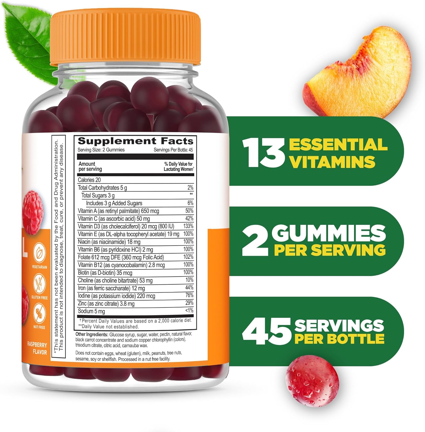 Vegetarian Postnatal Multivitamin Gummies with Iron, Choline, Iodine | Tasty Lactation Supplement for Breastfeeding Women | Non-GMO | 90 Count