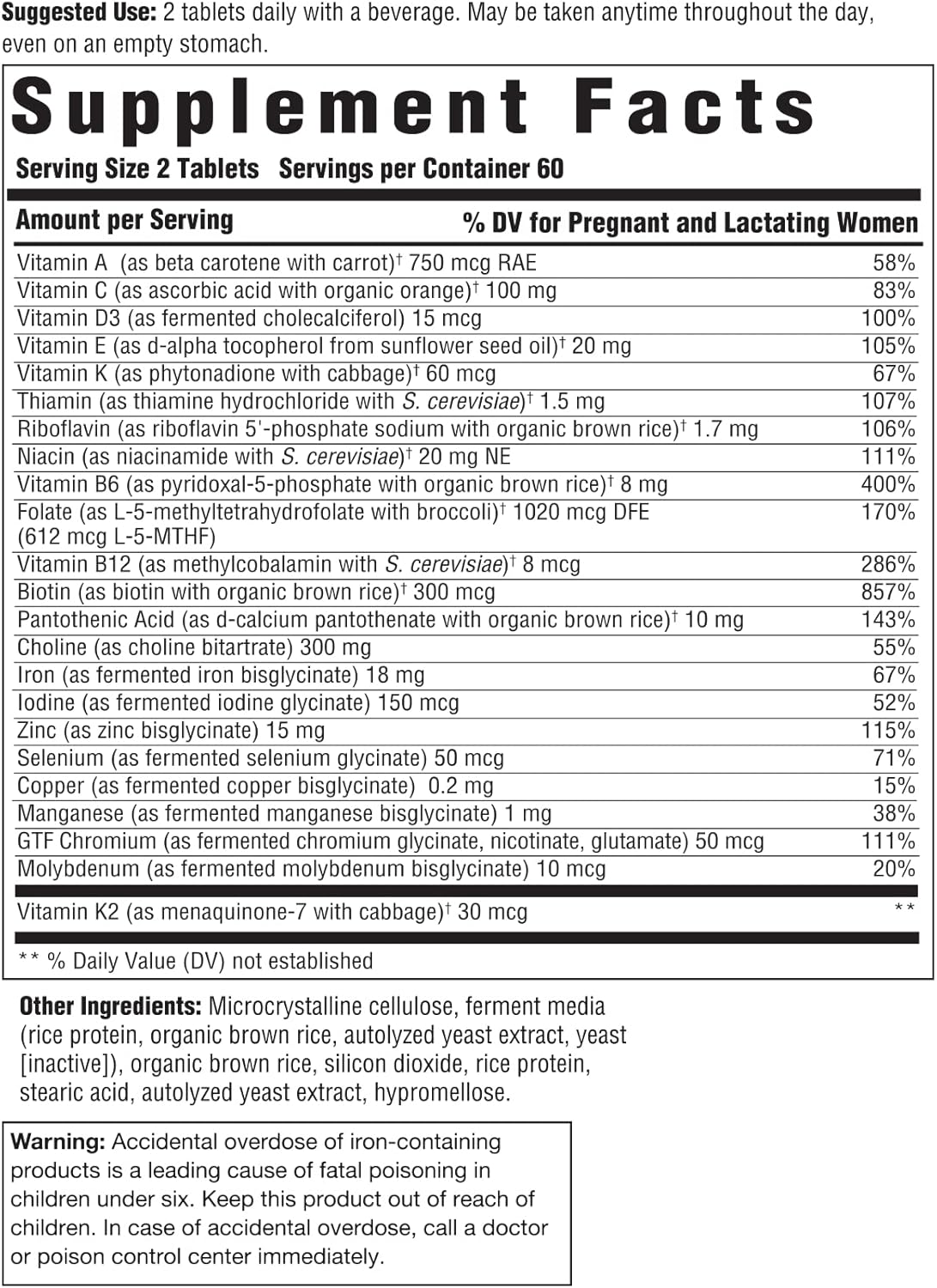 Vegetarian Prenatal & Postnatal Multivitamin with Folate, Choline, B12, D3 - Non-GMO & Gluten-Free - 60 Tablets