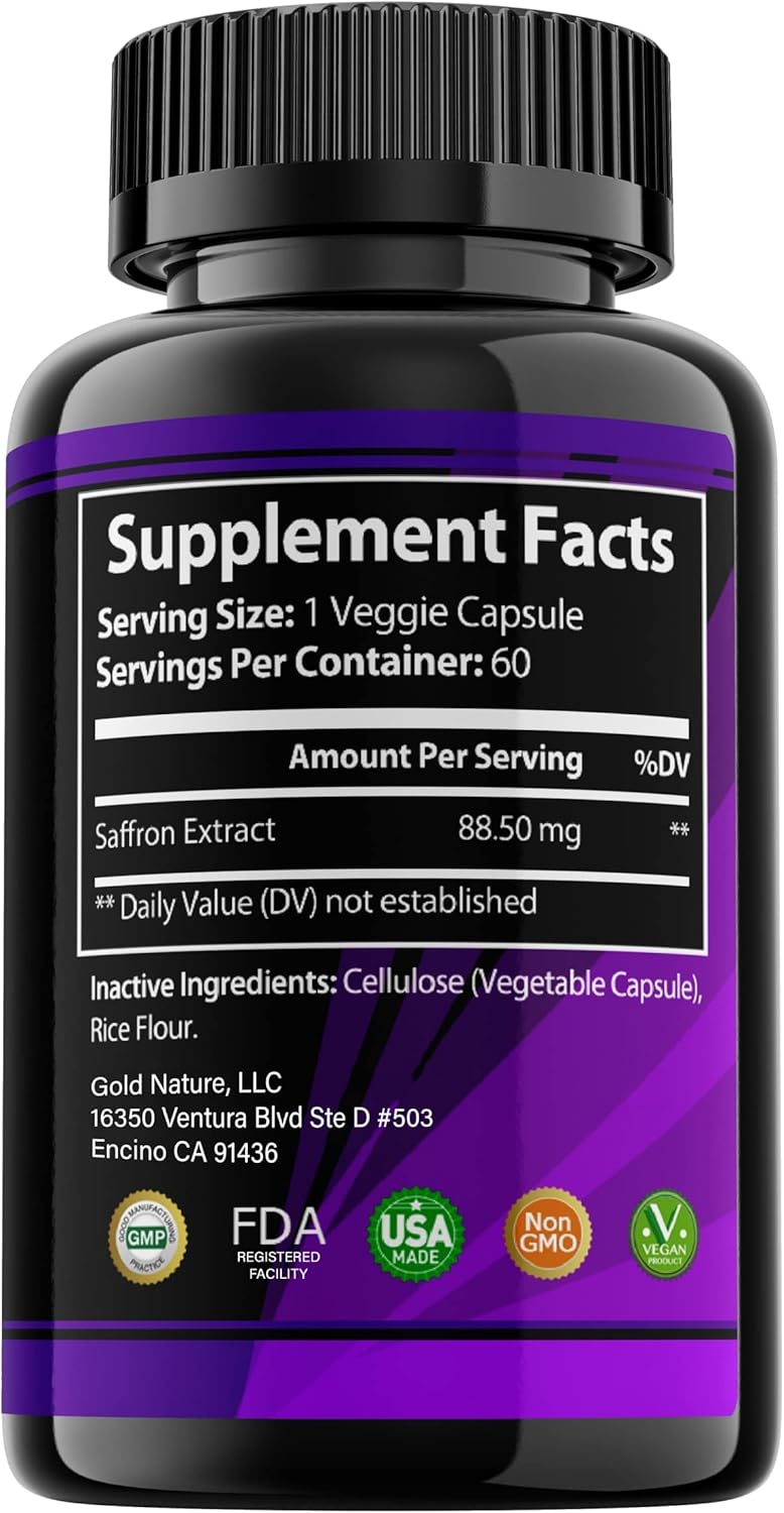 Vegetarian Saffron Extract Capsules - Natural Appetite Suppressant - 88.5 mg per Capsule - Non-GMO - 30 Day Supply