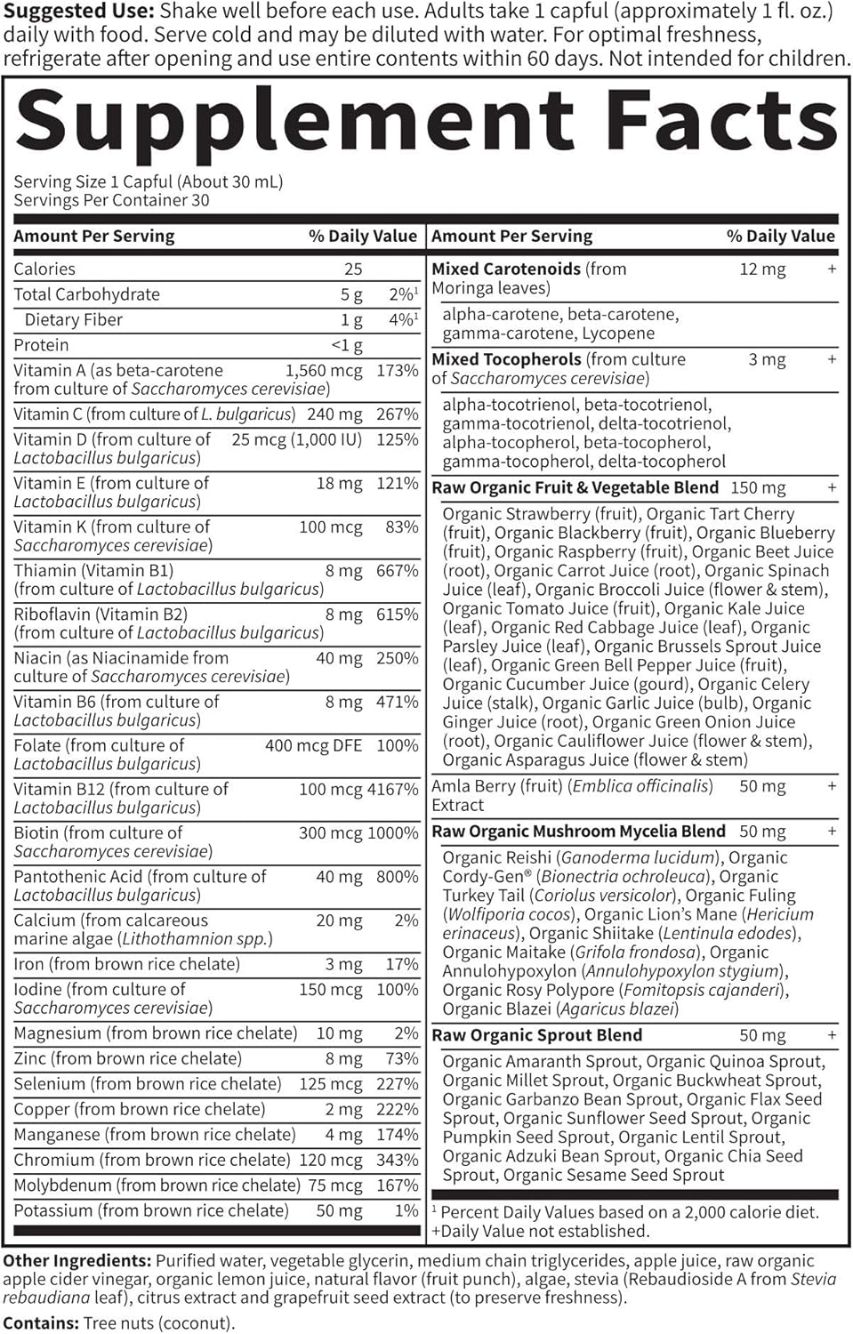Vegetarian Whole Food Liquid Multivitamin with No Preservatives, Fruit Punch Flavor, 30 Fl Oz Bottle
