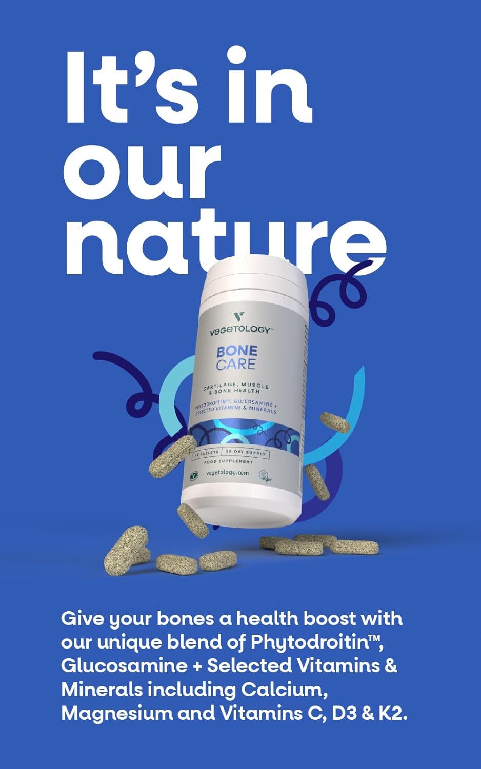 VEGETOLOGY Bone Health Supplements with Phytodroitin, Glucosamine, Vitamin D3 K2 & Calcium - Vegan Formula for Joint Support and Bone Strength (60 Count)
