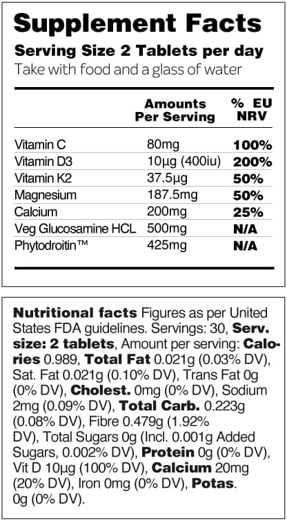 VEGETOLOGY Bone Health Supplements with Phytodroitin, Glucosamine, Vitamin D3 K2 & Calcium - Vegan Formula for Joint Support and Bone Strength (60 Count)