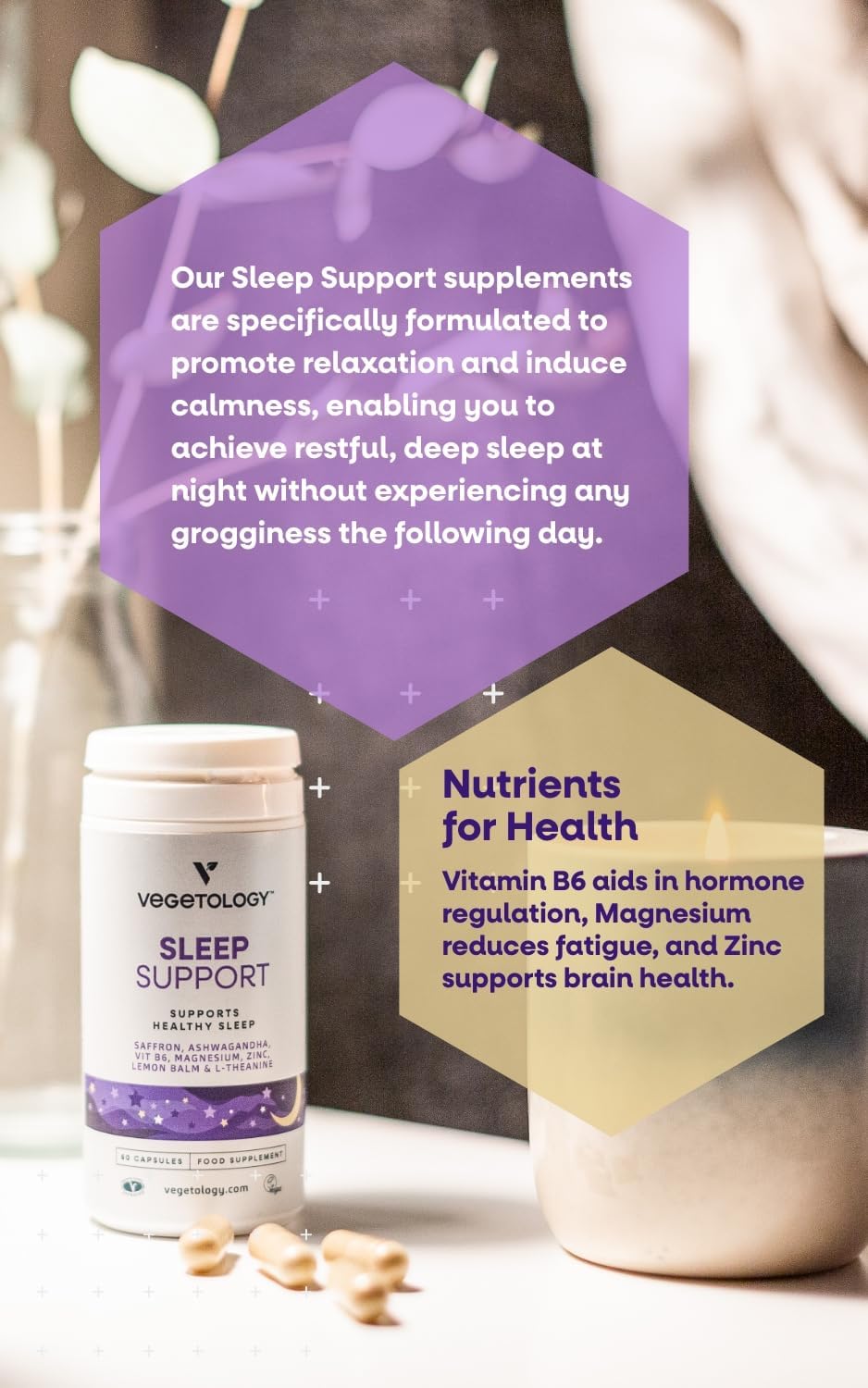 VEGETOLOGY Sleep Support Vegan Supplements (60 Capsules) for Deep, Calm, Healthy Sleep in Adults & Children