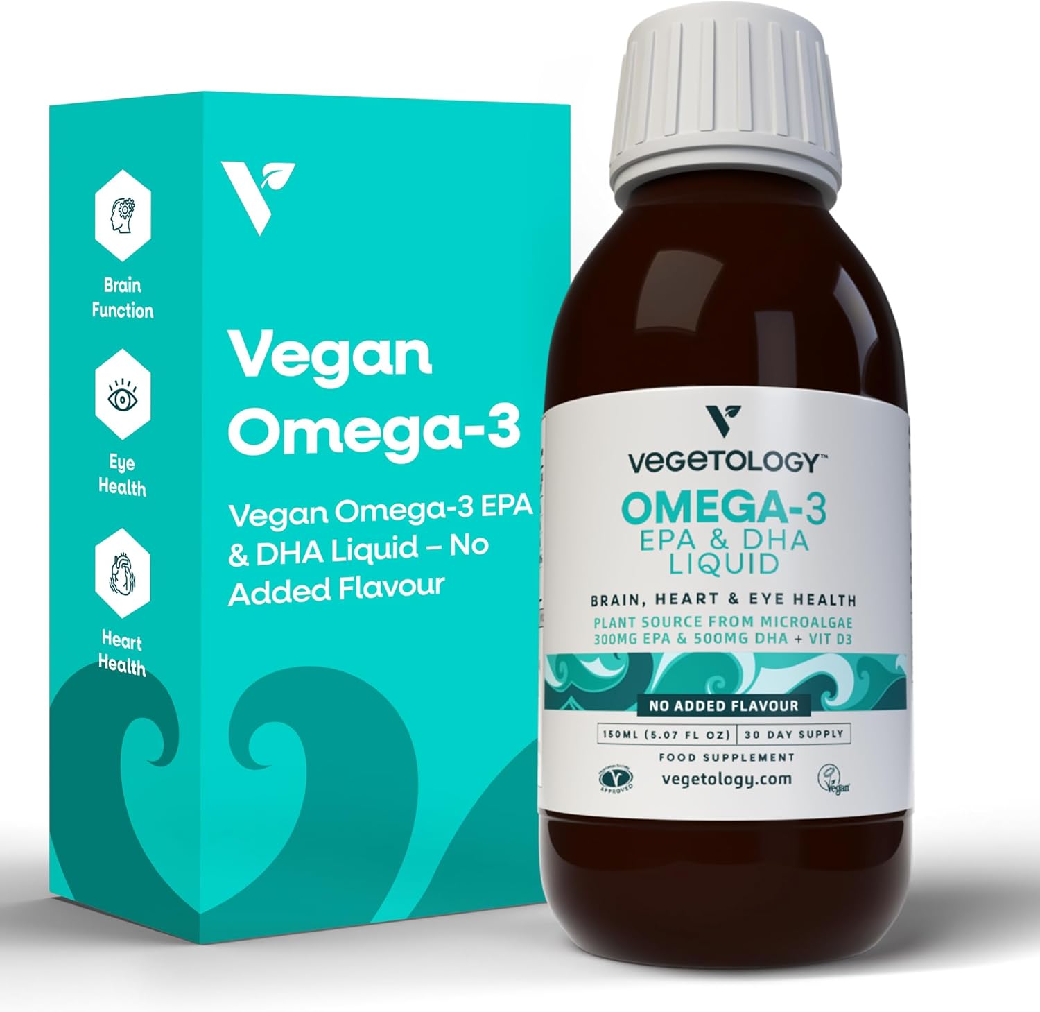 VEGETOLOGY Vegan Omega 3 Liquid with Vitamin D3 - 800mg EPA DHA - Supports Heart, Brain, Eye Health - Microalgae Formula - UK Made