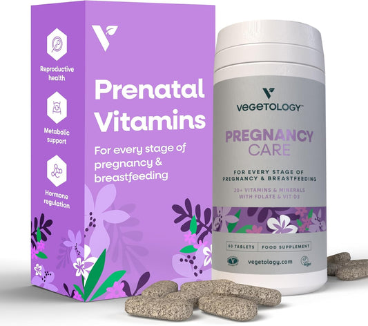 VEGETOLOGY Vegan Pregnancy Vitamins - Prenatal & Postnatal Supplement for Breastfeeding Moms - 20+ Vitamins, Folate - Supports Every Stage of Pregnancy - 60 Ct