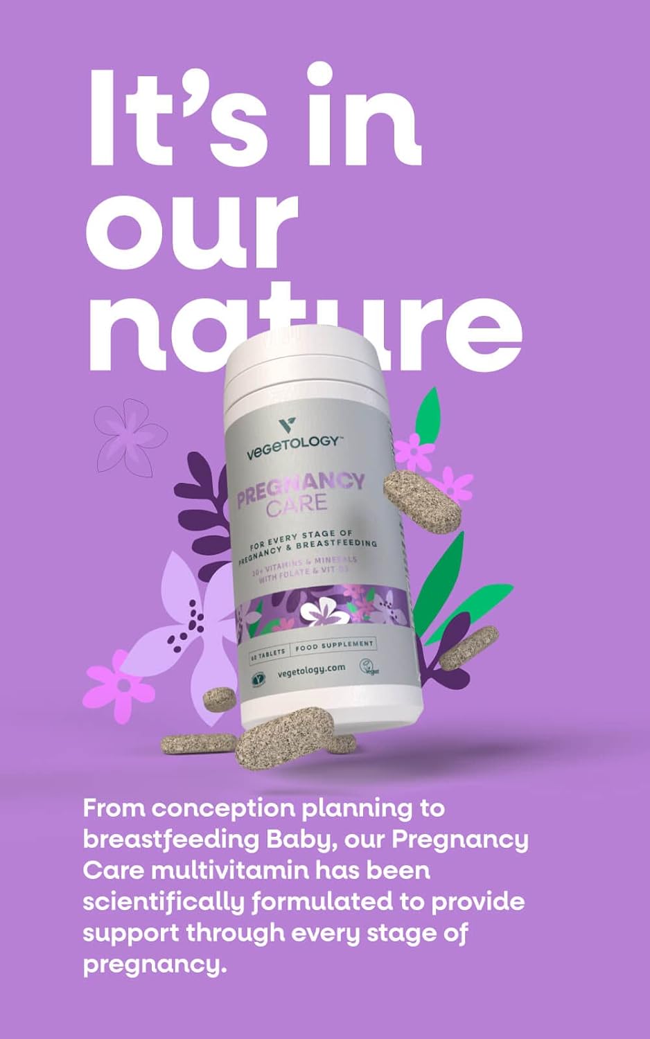 VEGETOLOGY Vegan Pregnancy Vitamins - Prenatal & Postnatal Supplement for Breastfeeding Moms - 20+ Vitamins, Folate - Supports Every Stage of Pregnancy - 60 Ct