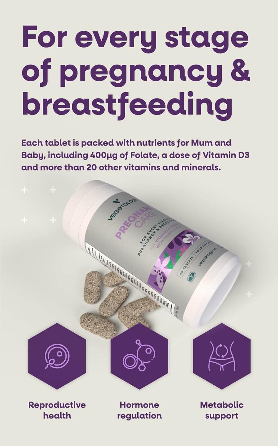 VEGETOLOGY Vegan Pregnancy Vitamins - Prenatal & Postnatal Supplement for Breastfeeding Moms - 20+ Vitamins, Folate - Supports Every Stage of Pregnancy - 60 Ct