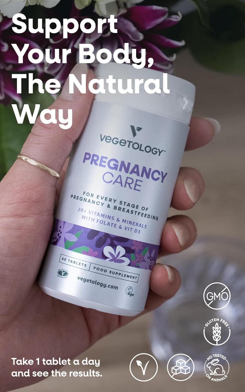 VEGETOLOGY Vegan Pregnancy Vitamins - Prenatal & Postnatal Supplement for Breastfeeding Moms - 20+ Vitamins, Folate - Supports Every Stage of Pregnancy - 60 Ct