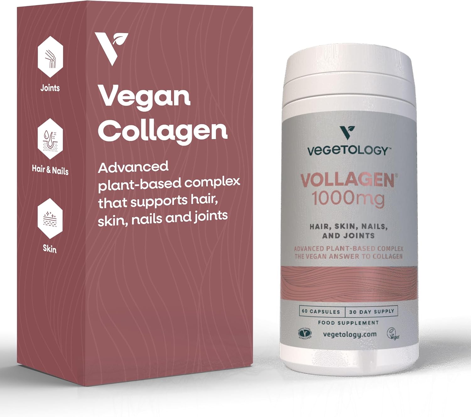 VEGETOLOGY Vollagen Plant Based Complex - Vegan Collagen Alternative for Hair, Skin, and Nails - Amino Acid Supplement (1000mg, 60 Tablets)