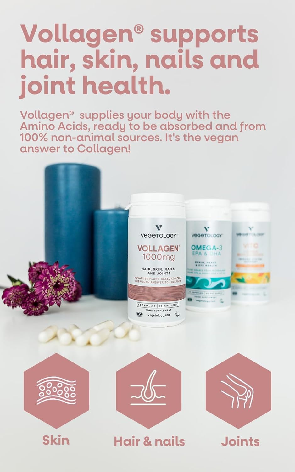 VEGETOLOGY Vollagen Plant Based Complex - Vegan Collagen Alternative for Hair, Skin, and Nails - Amino Acid Supplement (1000mg, 60 Tablets)