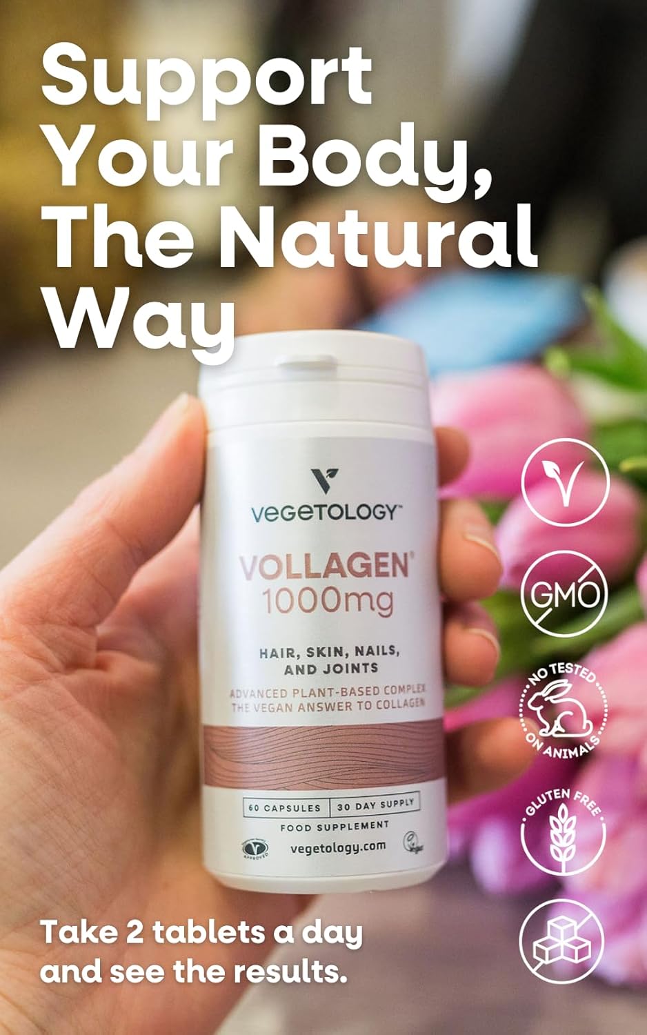 VEGETOLOGY Vollagen Plant Based Complex - Vegan Collagen Alternative for Hair, Skin, and Nails - Amino Acid Supplement (1000mg, 60 Tablets)