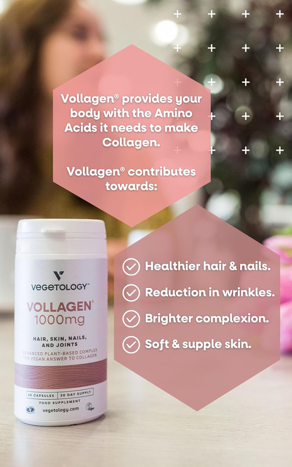 VEGETOLOGY Vollagen Plant Based Complex - Vegan Collagen Alternative for Hair, Skin, and Nails - Amino Acid Supplement (1000mg, 60 Tablets)