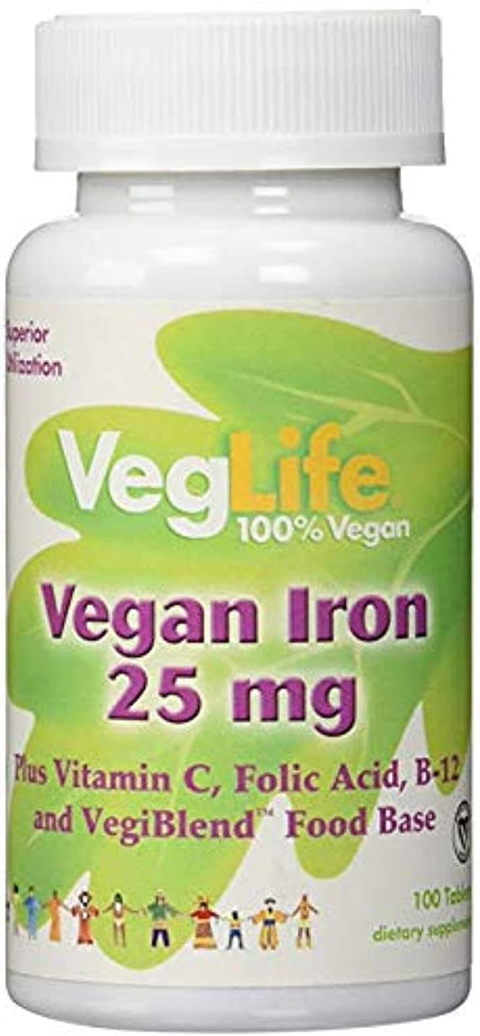 VegLife Veggie Iron Supplement with 25mg Iron - 100 Vegetarian Tablets