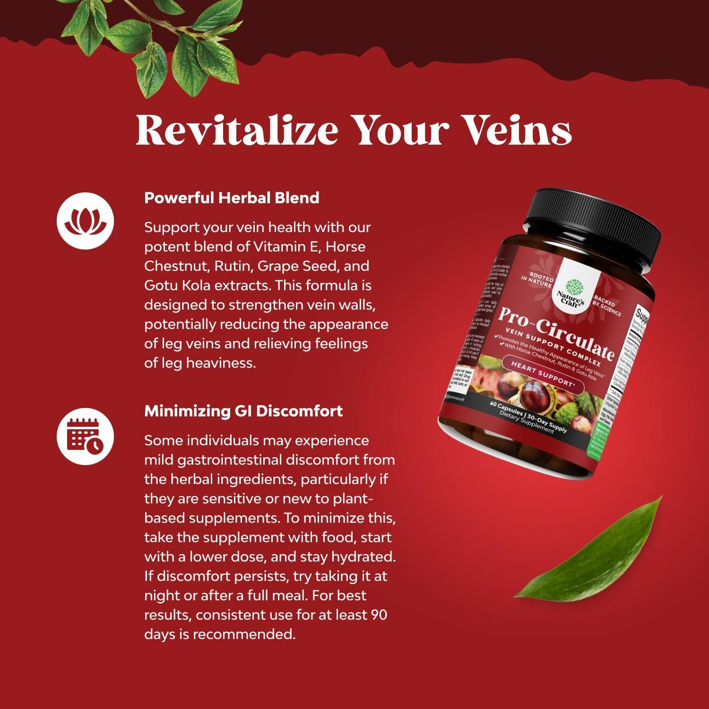 Vein Support Supplements for Improved Circulation - Spider & Varicose Veins Relief with Horse Chestnut Extract - Vegan Non-GMO Capsules (2 Month Supply)