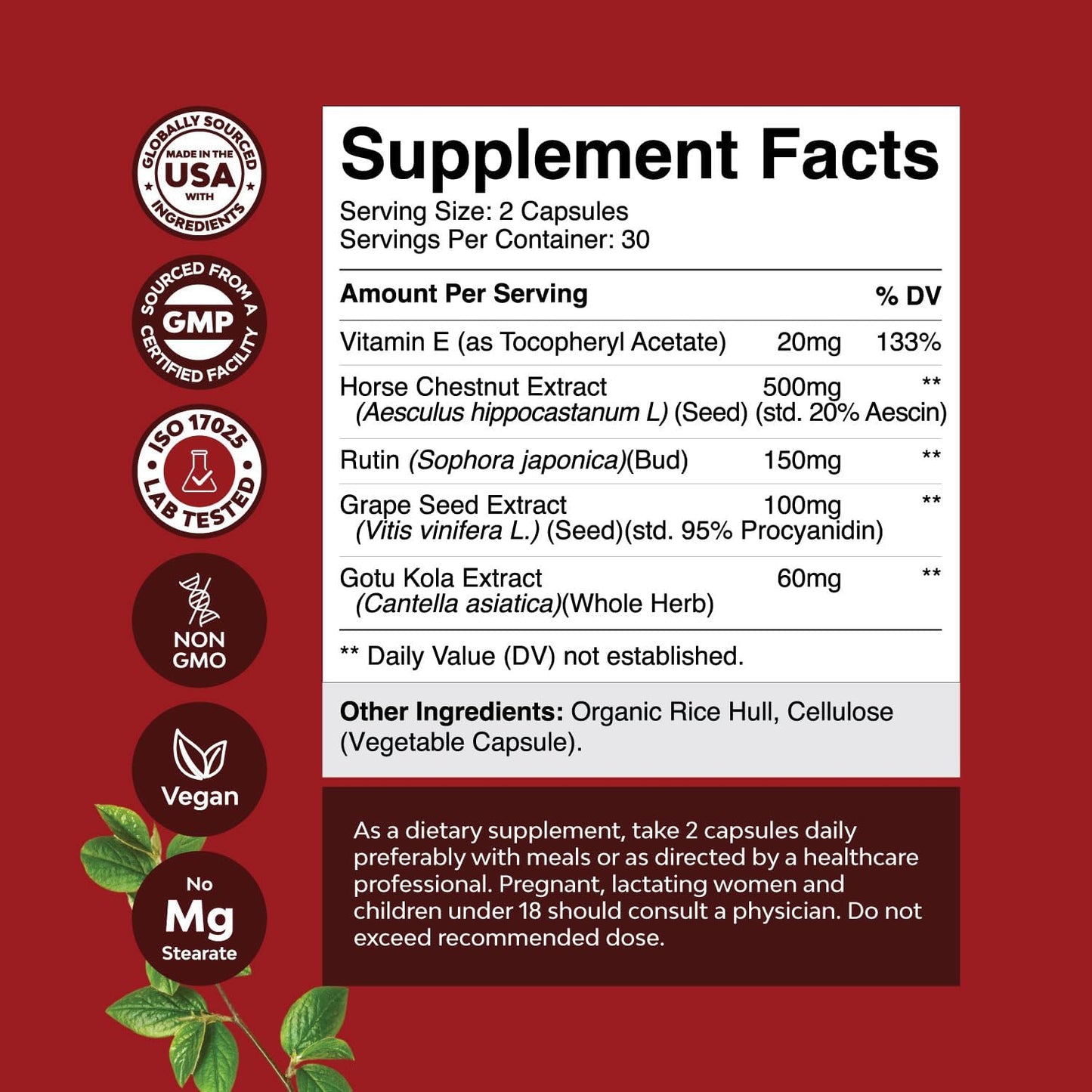 Vein Support Supplements for Improved Circulation - Spider & Varicose Veins Relief with Horse Chestnut Extract - Vegan Non-GMO Capsules (2 Month Supply)