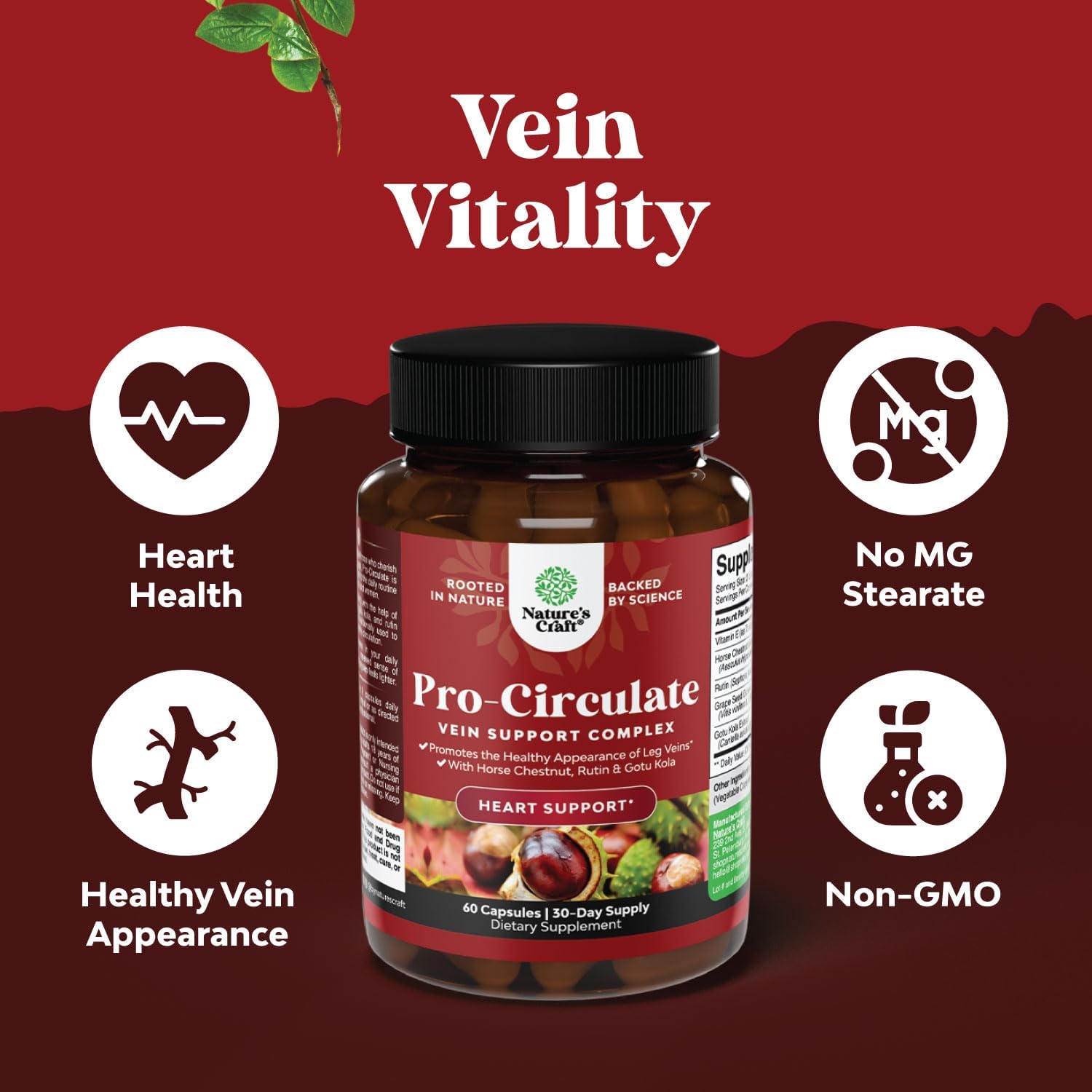 Vein Support Supplements for Improved Circulation - Spider & Varicose Veins Relief with Horse Chestnut Extract - Vegan Non-GMO Capsules (2 Month Supply)