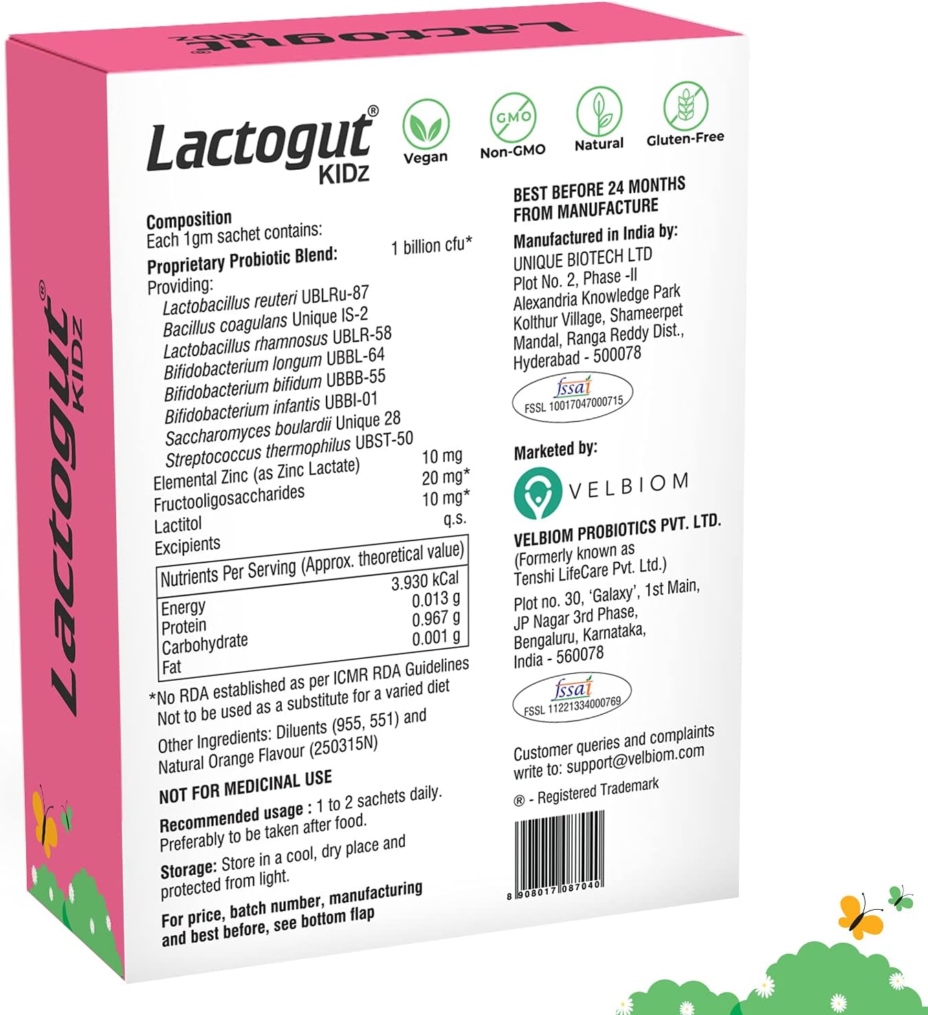 VELBIOM Lactogut Kidz Probiotics Powder - 10 Sachets Vegan Probiotics for Children Orange Flavour - Boost Gut Health, Wellness, Immunity