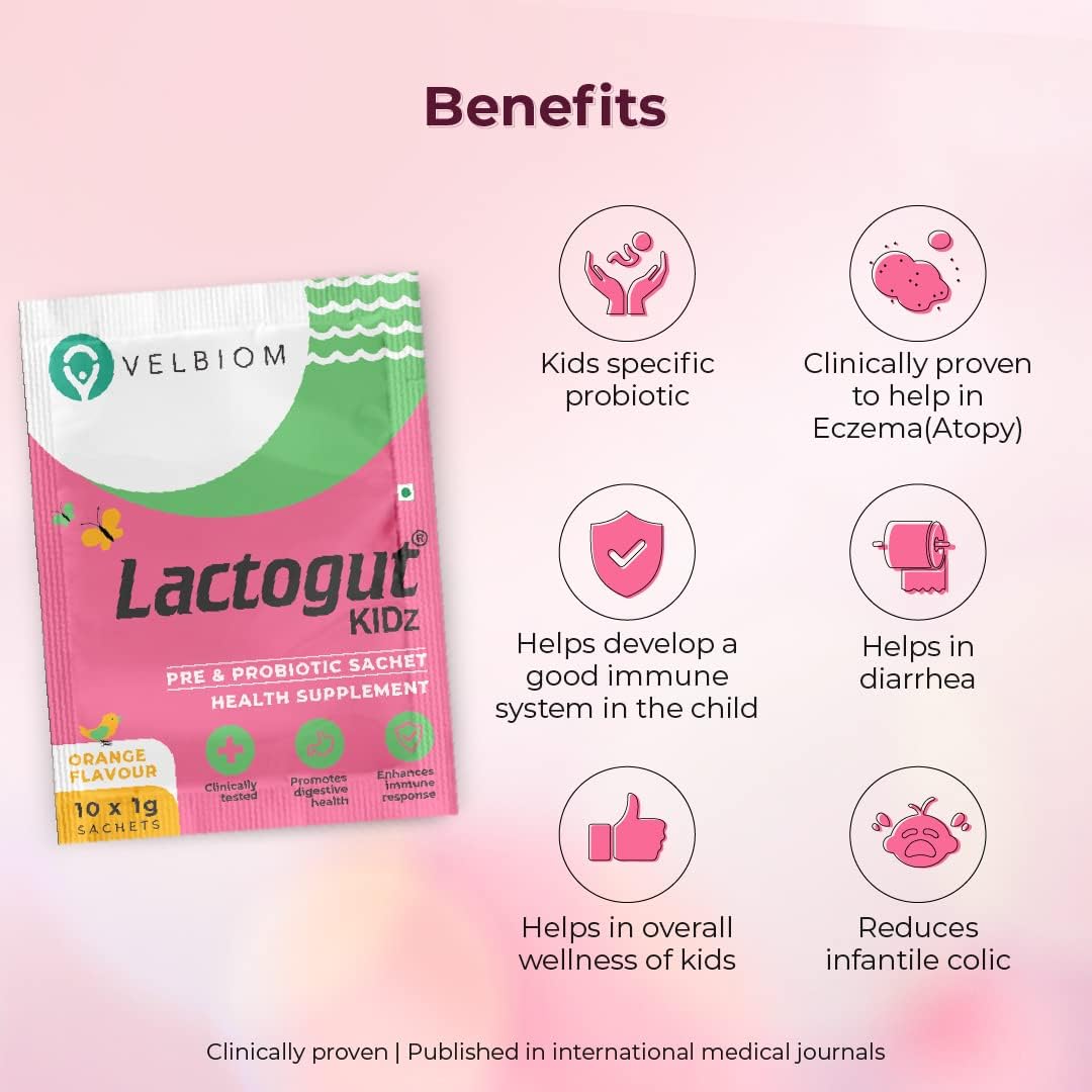 VELBIOM Lactogut Kidz Probiotics Powder - 10 Sachets Vegan Probiotics for Children Orange Flavour - Boost Gut Health, Wellness, Immunity