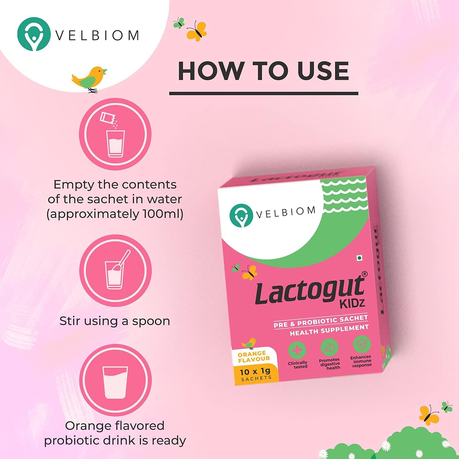 VELBIOM Lactogut Kidz Probiotics Powder - 10 Sachets Vegan Probiotics for Children Orange Flavour - Boost Gut Health, Wellness, Immunity