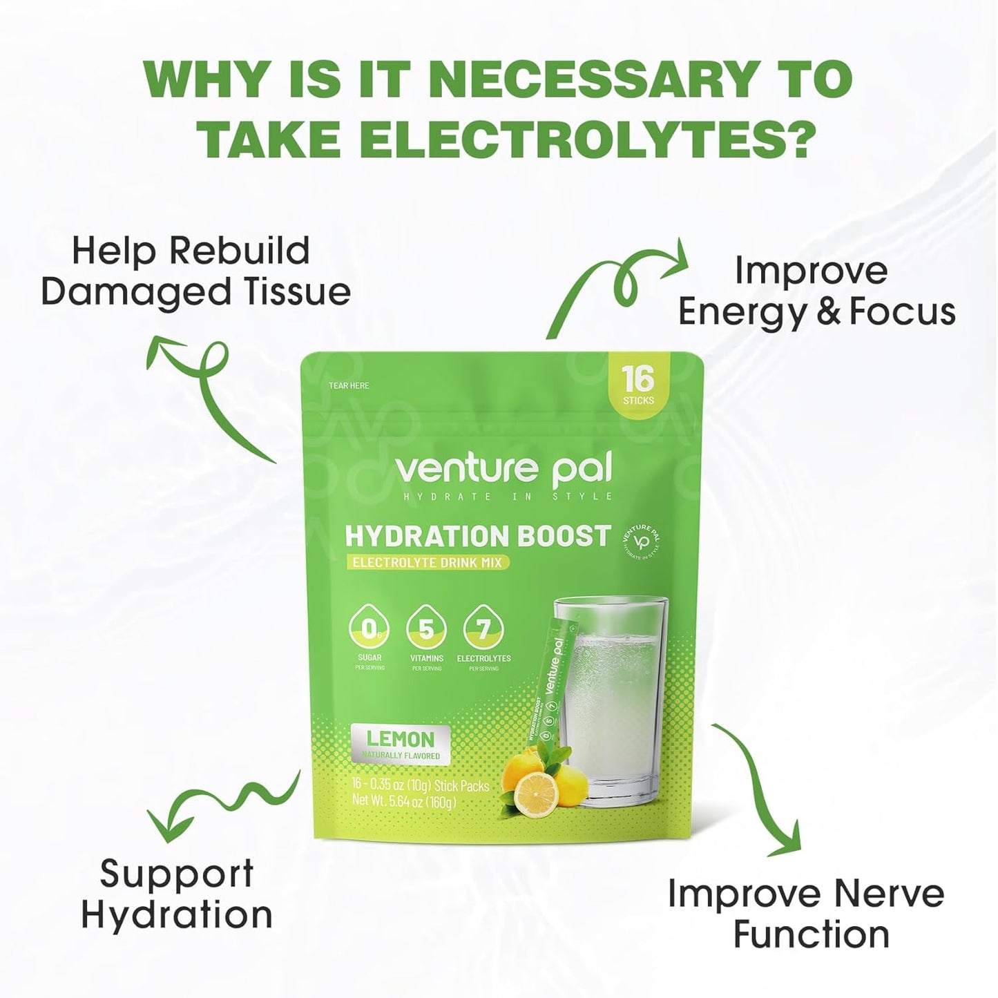 Venture Pal Liquid Electrolyte Powder Packets - Sugar-Free Daily Hydration Drink Mix with Vitamins & Electrolytes - Keto Friendly & Vegan - 16 Sticks
